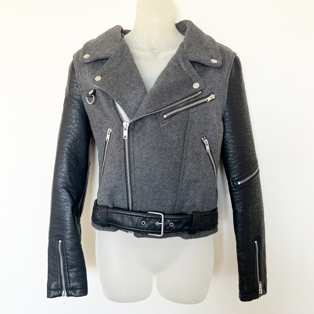 Vigoss Womens Gray Vegan Leather Wool Combo Zippered Moto Jacket Sz S
